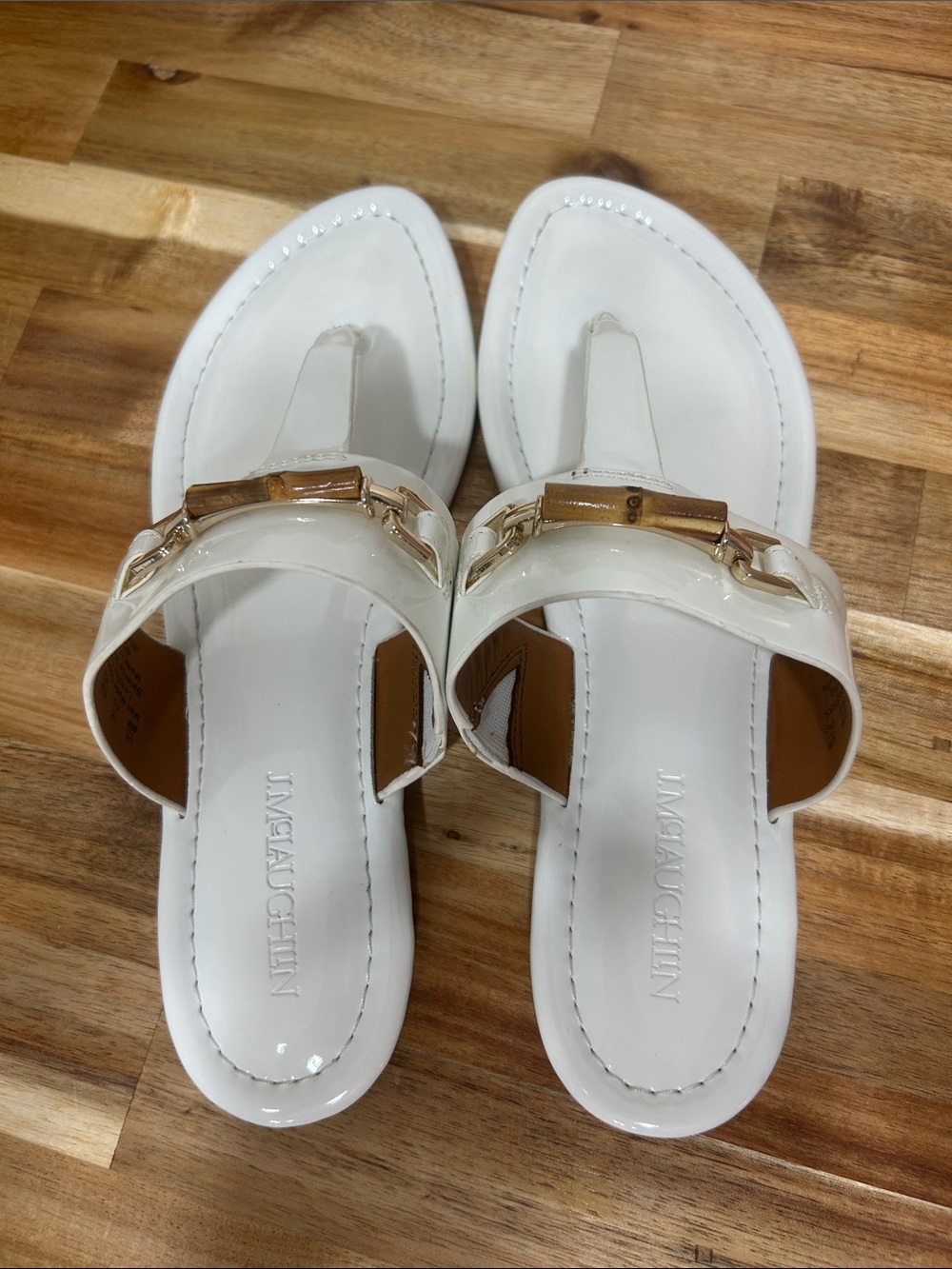 J. McLaughlin White Patent Thong Sandals with Gold Accent